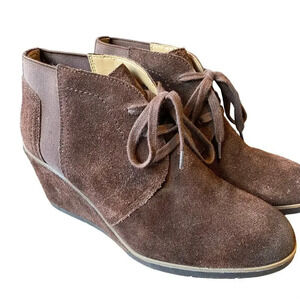 Franco Sarto Sued Brown Leather Upper Wedge 3*”Heels Ankle Boots Women Size 9M